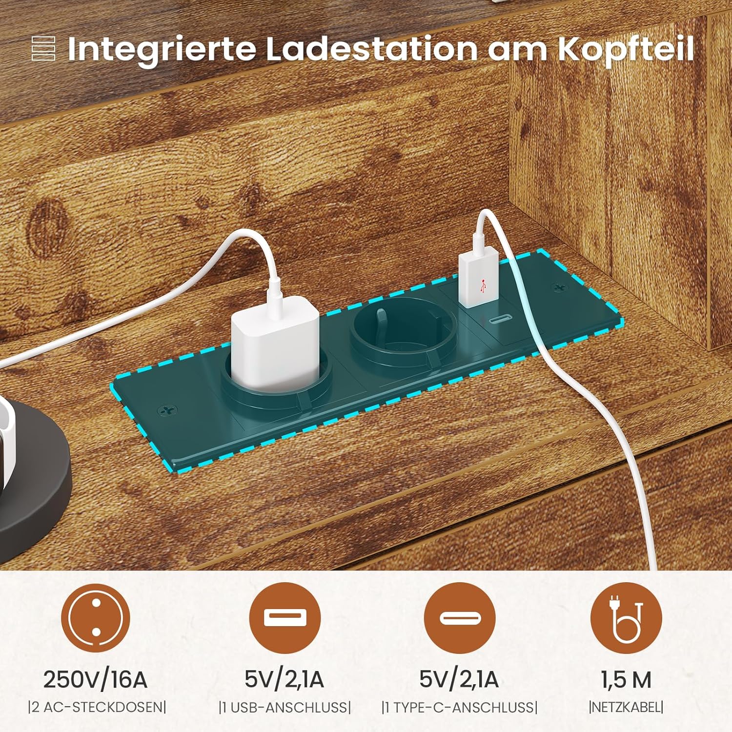 Bett 120x200 mit Lattenrost aus Metall Bettrahmen mit LED Beleuchtung und Steckdose, Bettgestell 120x200 cm mit Holzkopfteil, 2 Schränke mit Türen, Jugendbett mit Stauraum, Modern, Braun