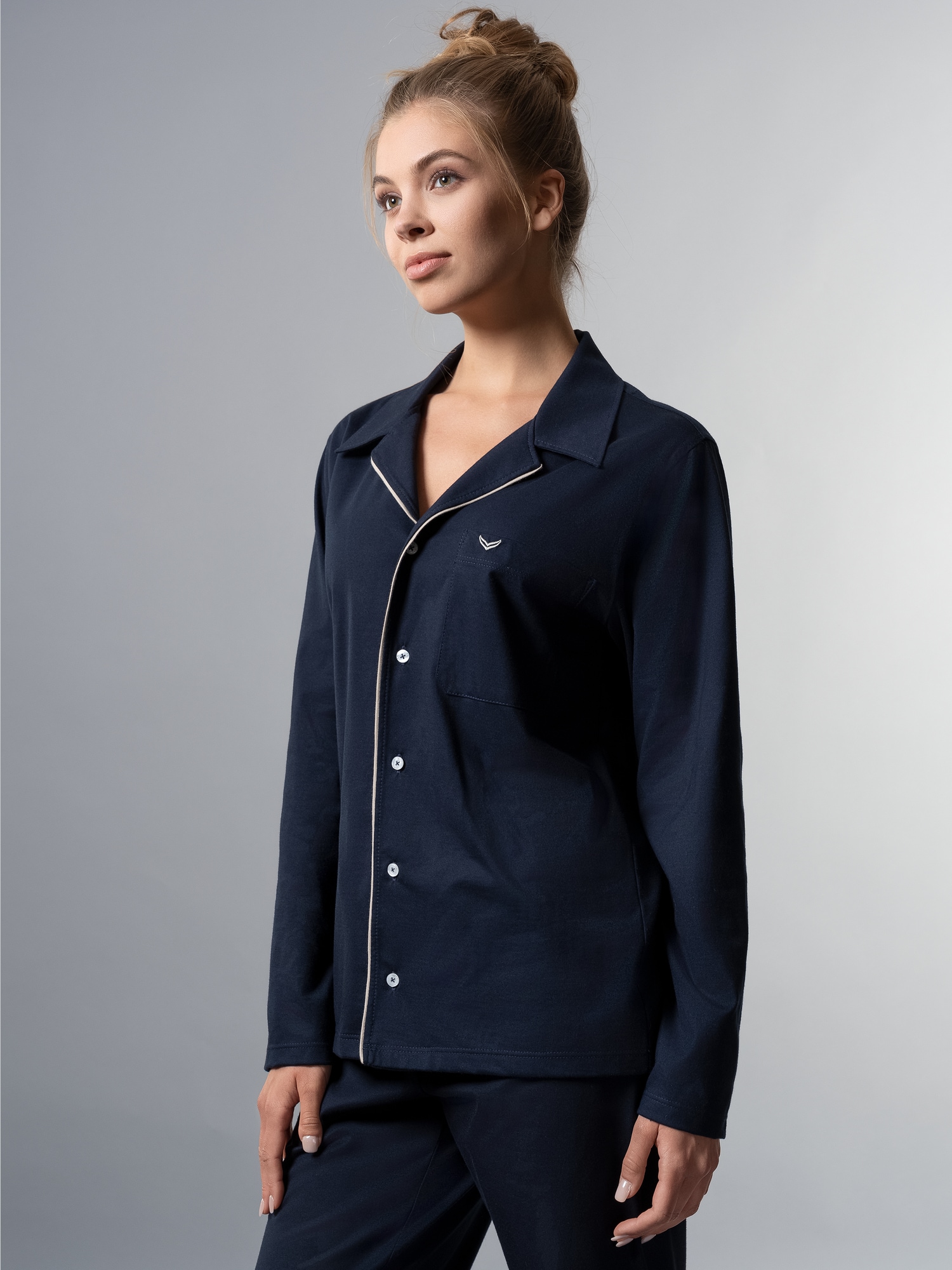 Schickes Schlafanzug Oberteil mit Knopfleiste Navy