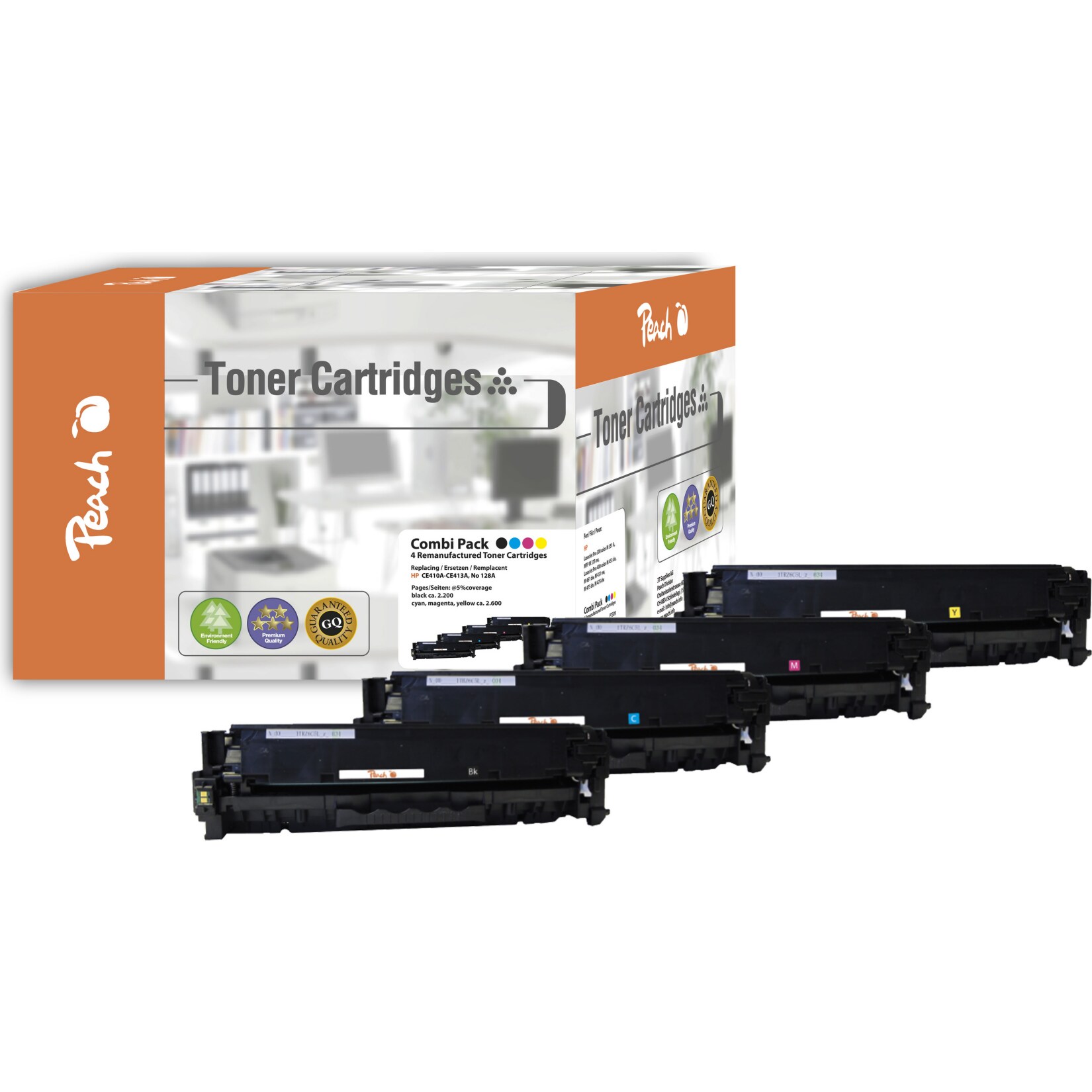 Peach HP 305 A 4 Toner (bk, c/m/y) ersetzt HP No. 305A, CE410A, CE411A, CE412A, CE413A für z.B. HP LaserJet Pro 300 color MFP M 375 nw (wiederaufbereitet)