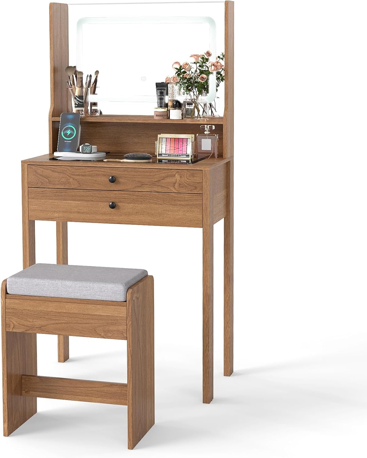 COSTWAY Schminktisch mit gepolsterter Hocker, Kosmetiktisch mit Steckdosen & 3 farbige LED Spiegel, Frisiertisch mit Glasplatte, offenem Regal & 2 Schubladen (64 x 40 x 132 cm,Braun)