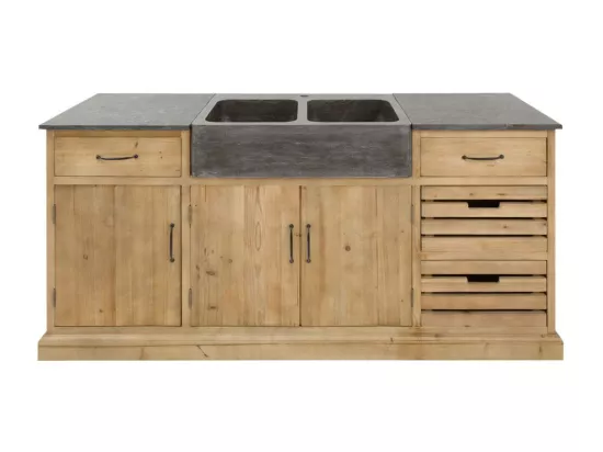 Meuble bas de cuisine en bois recyclé et pierre bleue Romain