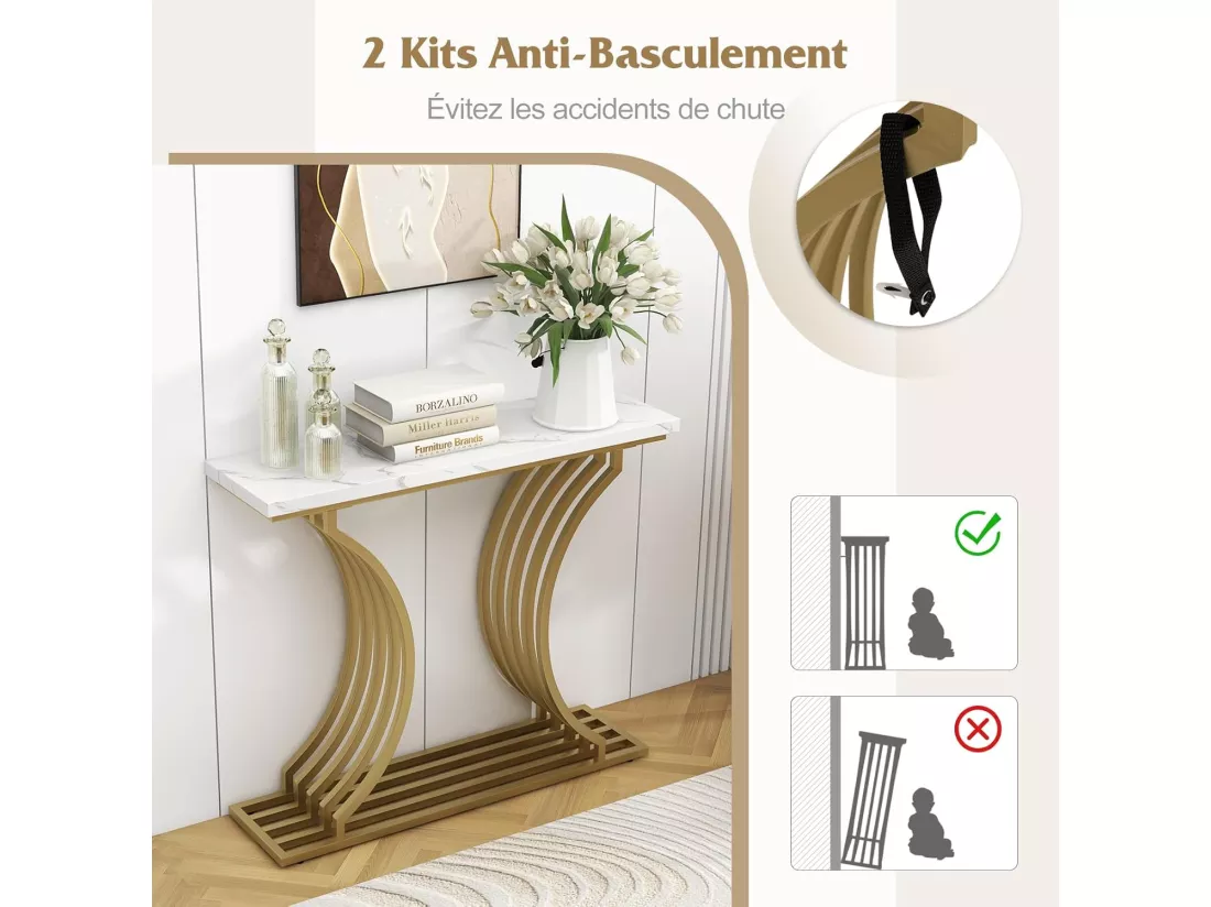 Table Console en Faux Marbre 100 cm, Console Entree Design Géométrique Moderne, Cadre en Métal Doré, Kit Anti-Basculement Inclus, 100 x 29,5 x 80,5 cm