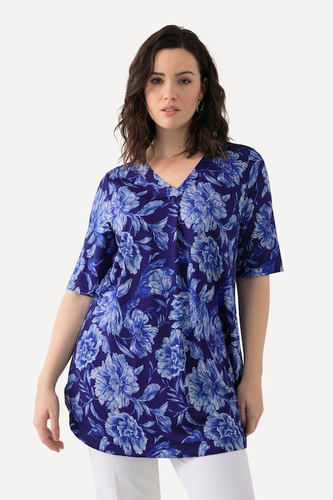 Slinkyshirt, Blüten, A-Linie, V-Ausschnitt, Halbarm