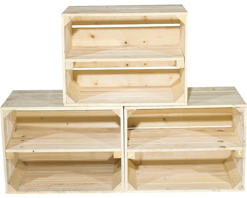 Vintage lichtgekleurde fruitkist met middenplank, 50x40x30 cm, set van 3