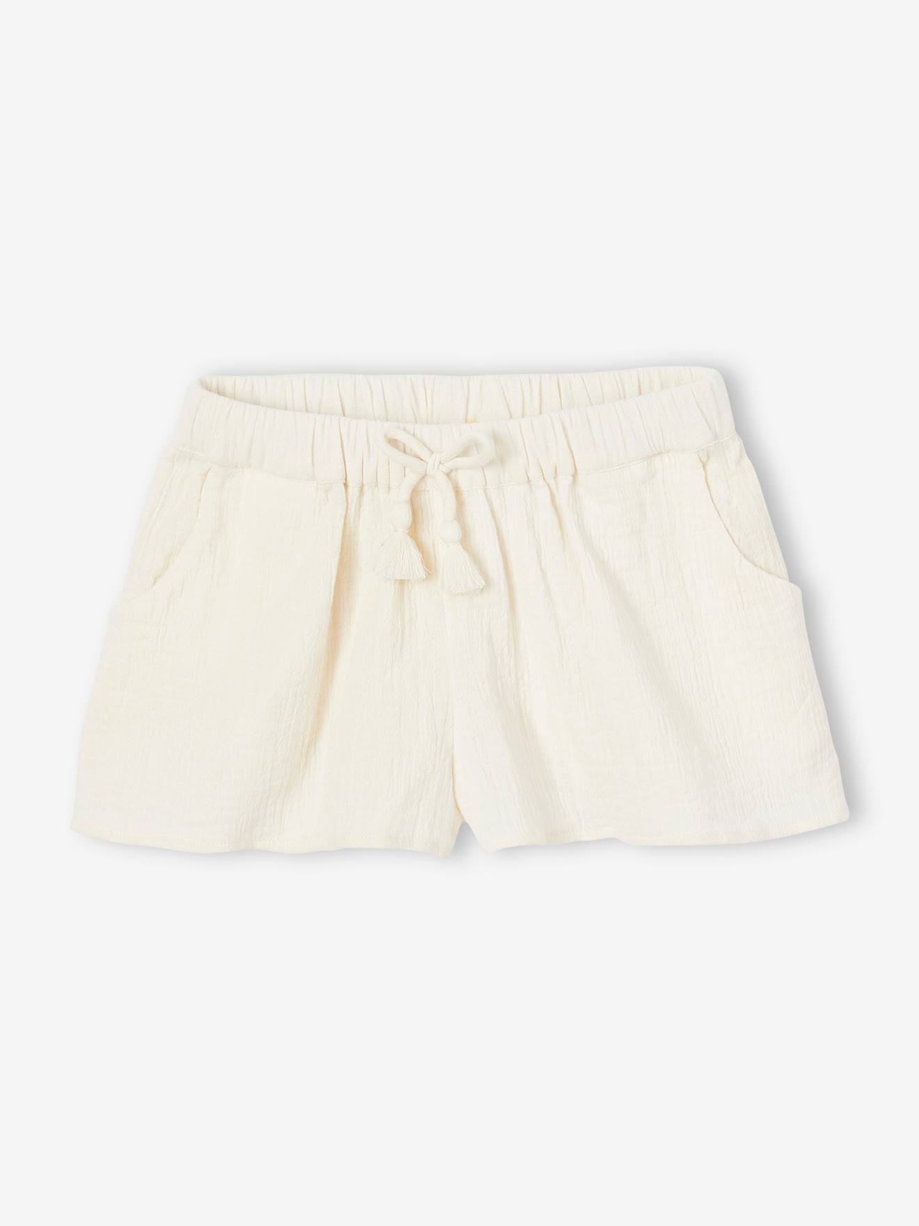 Conjunto de chiffon de algodão para meninas: blusa regata com babados e shorts bege.