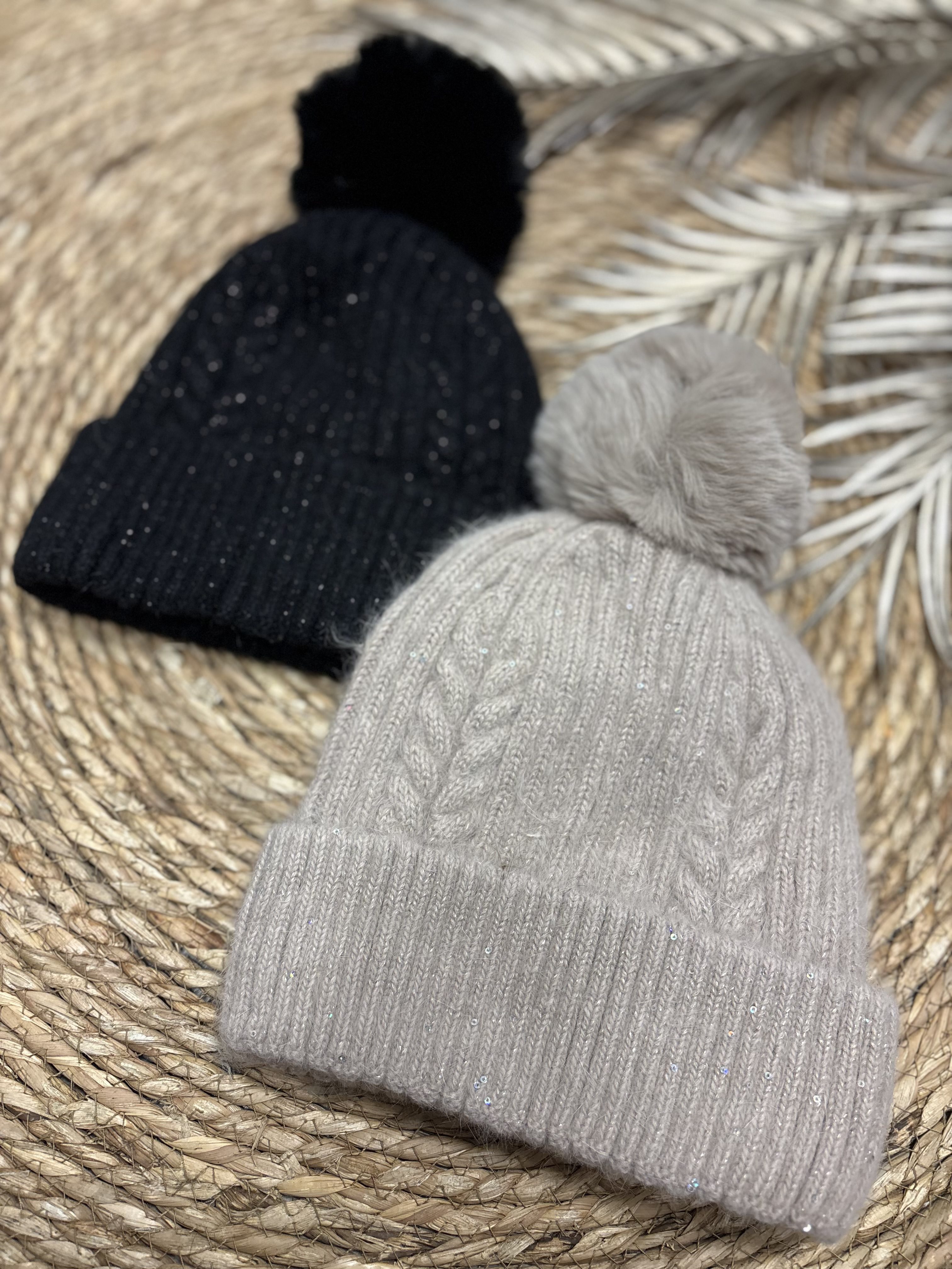 Glitter Muts Met Pom Taupe