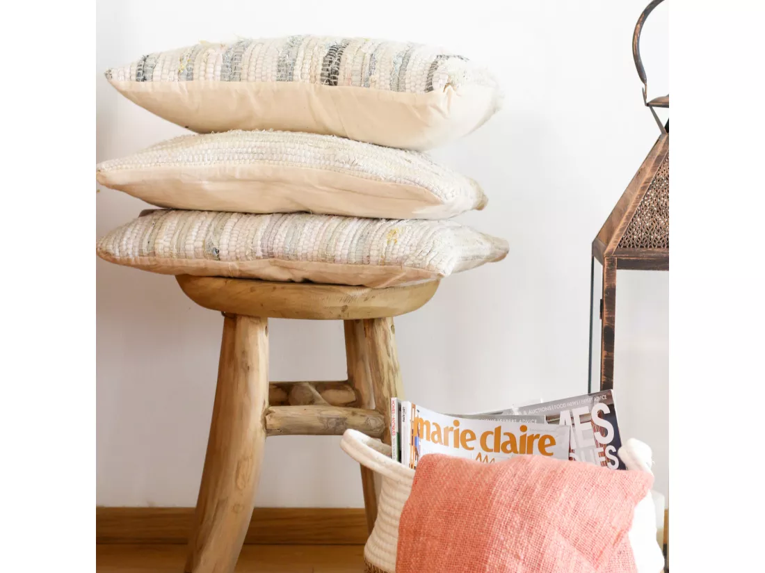 Coussin de Canapé Carré en Coton Denim Beige Déhoussable