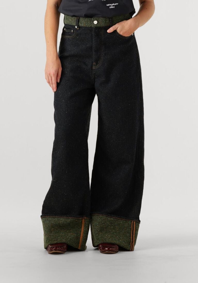 zwarte ganni wide jeans melange twill denim baggy jeans fold-up