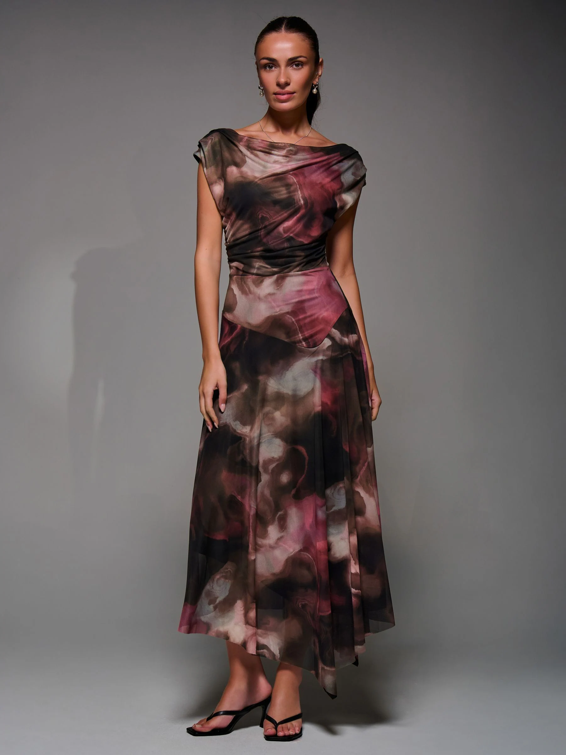 Bruin - Jolie Moi Mesh Asymmetrical Draped Maxi Dress