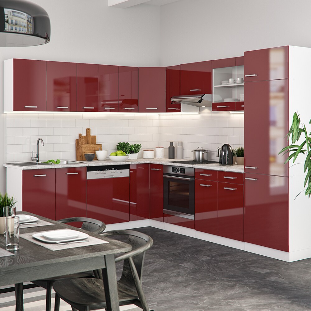 VICCO KÜCHENZEILE R-LINE ECKKÜCHE WINKEL KÜCHE EINBAU ROT BORDEAUX HOCHGLANZ