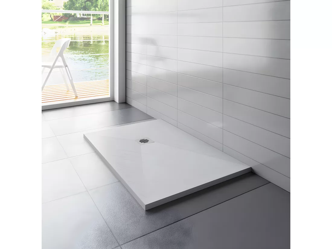 Receveur de douche 140x90cm avec une grille en ABS, bac à douche rectangulaire, Extra-plat, blanc, anti-dérapant