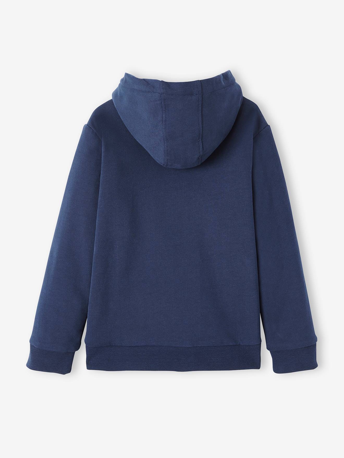 Moletom infantil azul-escuro liso com zíper, forro de sherpa e estampa.
