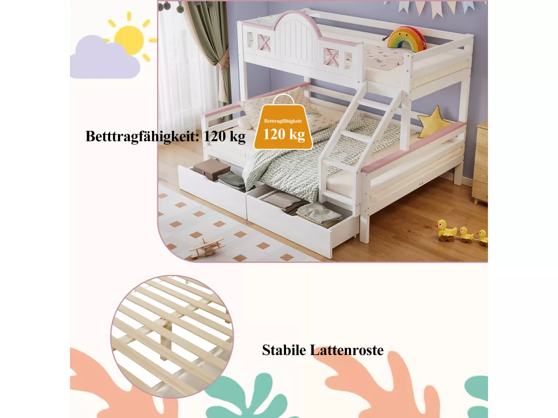 Lits superposés 140 x 200 cm + 90 x 200 cm avec 2 tiroirs, échelle inclinée et barrières - Bois pin + MDF - Blanc + rose
