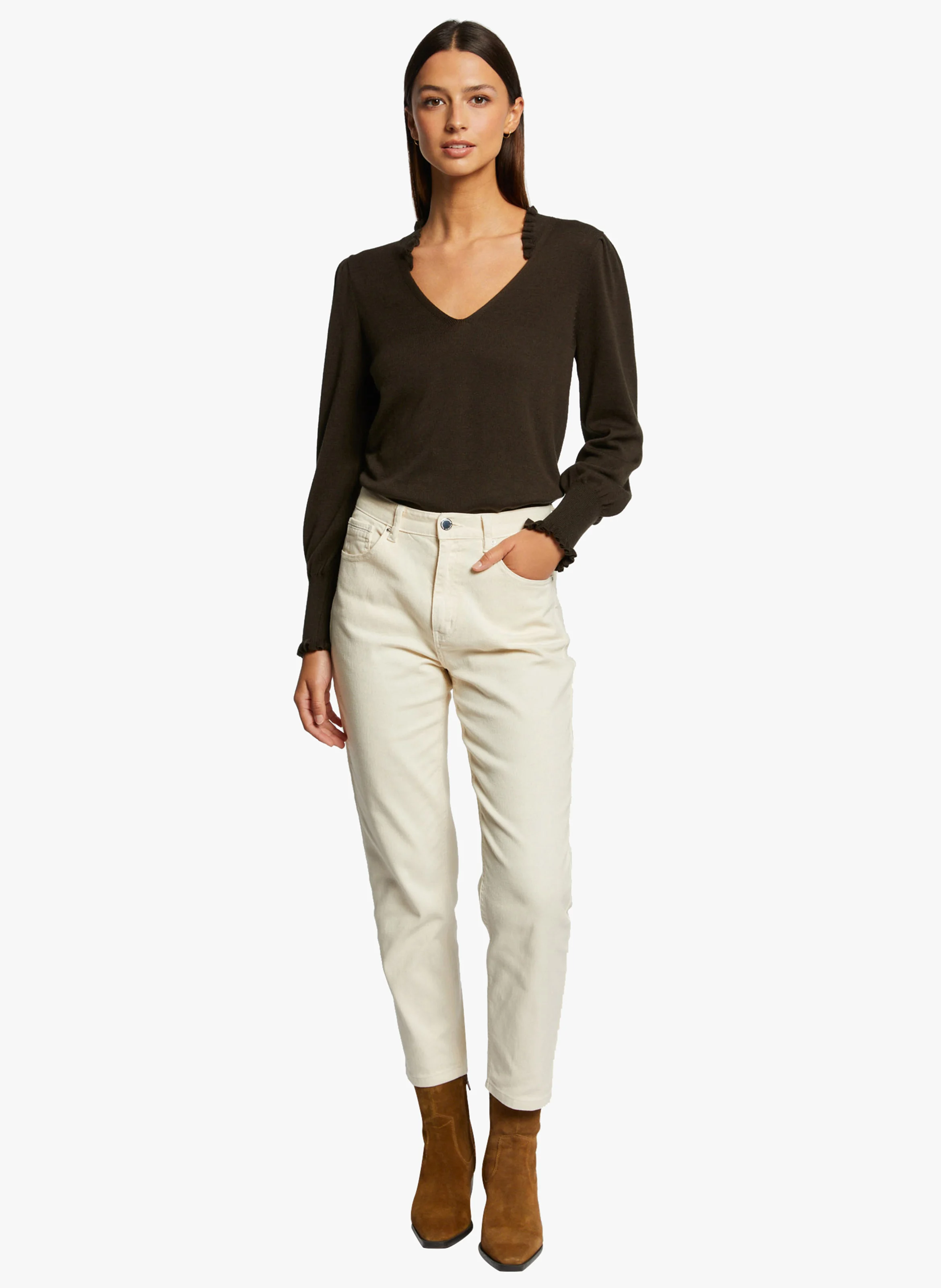 MARIK - Pull col V en coton mélangé | Beige
