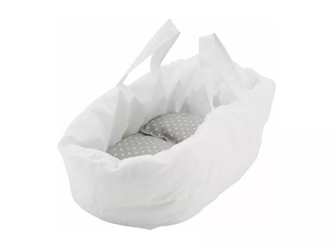 Berceau de poupée en osier buff tissu gris