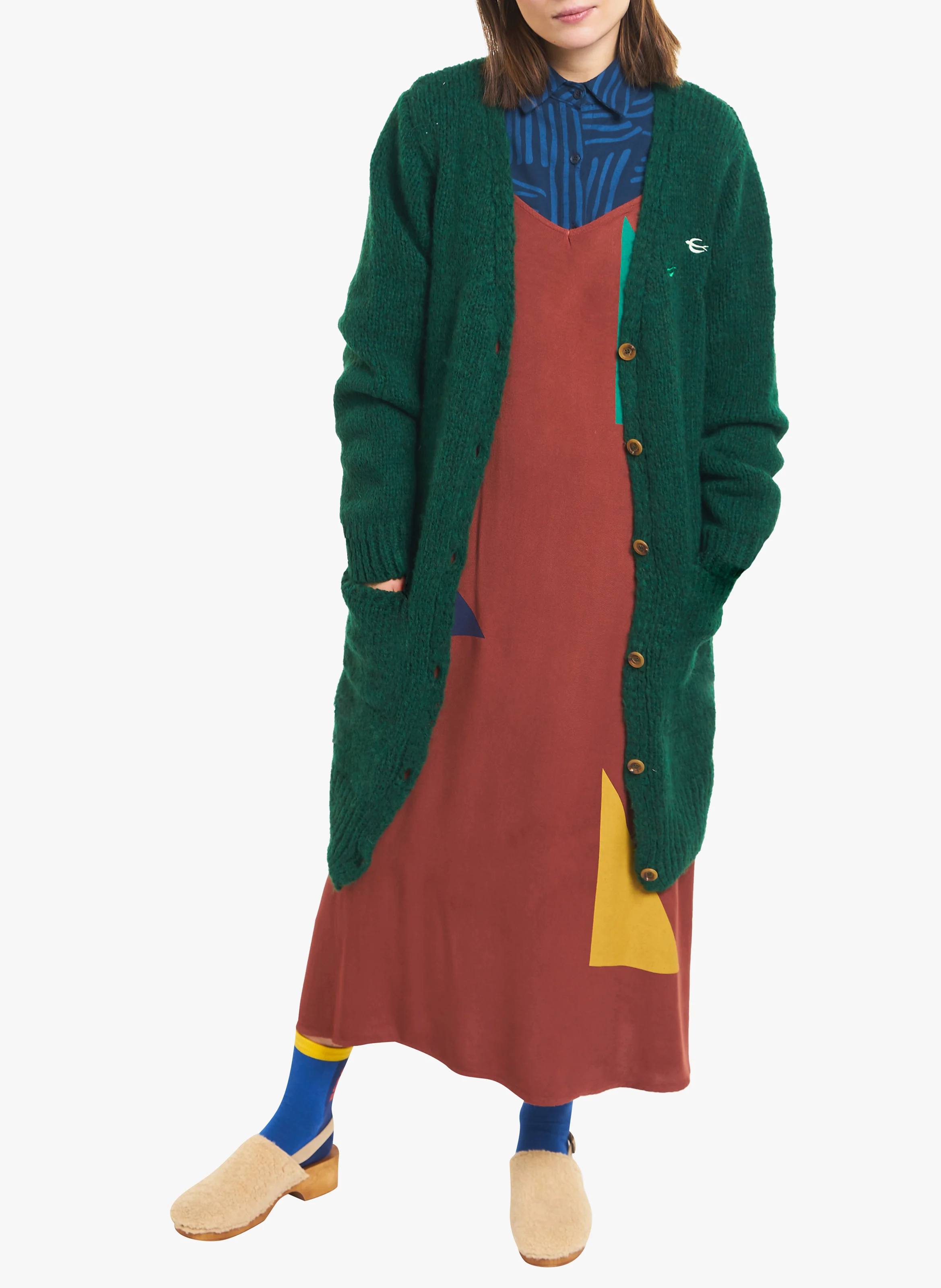 Long cardigan col V en maille texturée| Vert