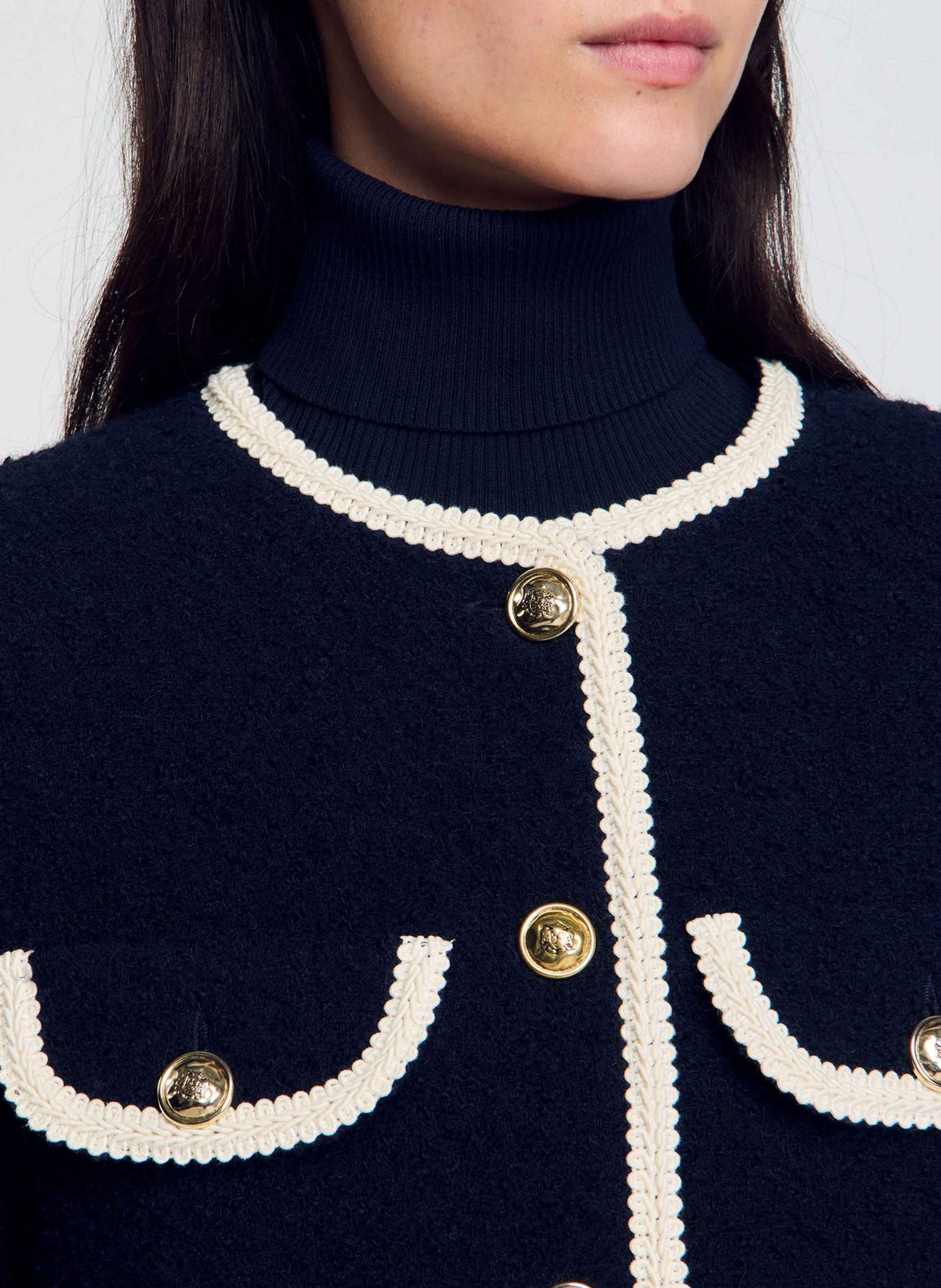 Veste en tweed droite à col rond| Bleu