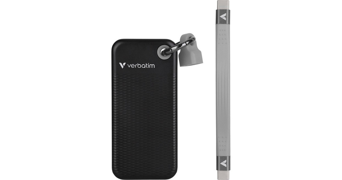 VerbatimPocket 2 TB externe SSD  (Zwart/grijs, USB-C 3.2 Gen 2 (10 Gbit/s), Incl. met sleutelhanger en kabelbevestiging)