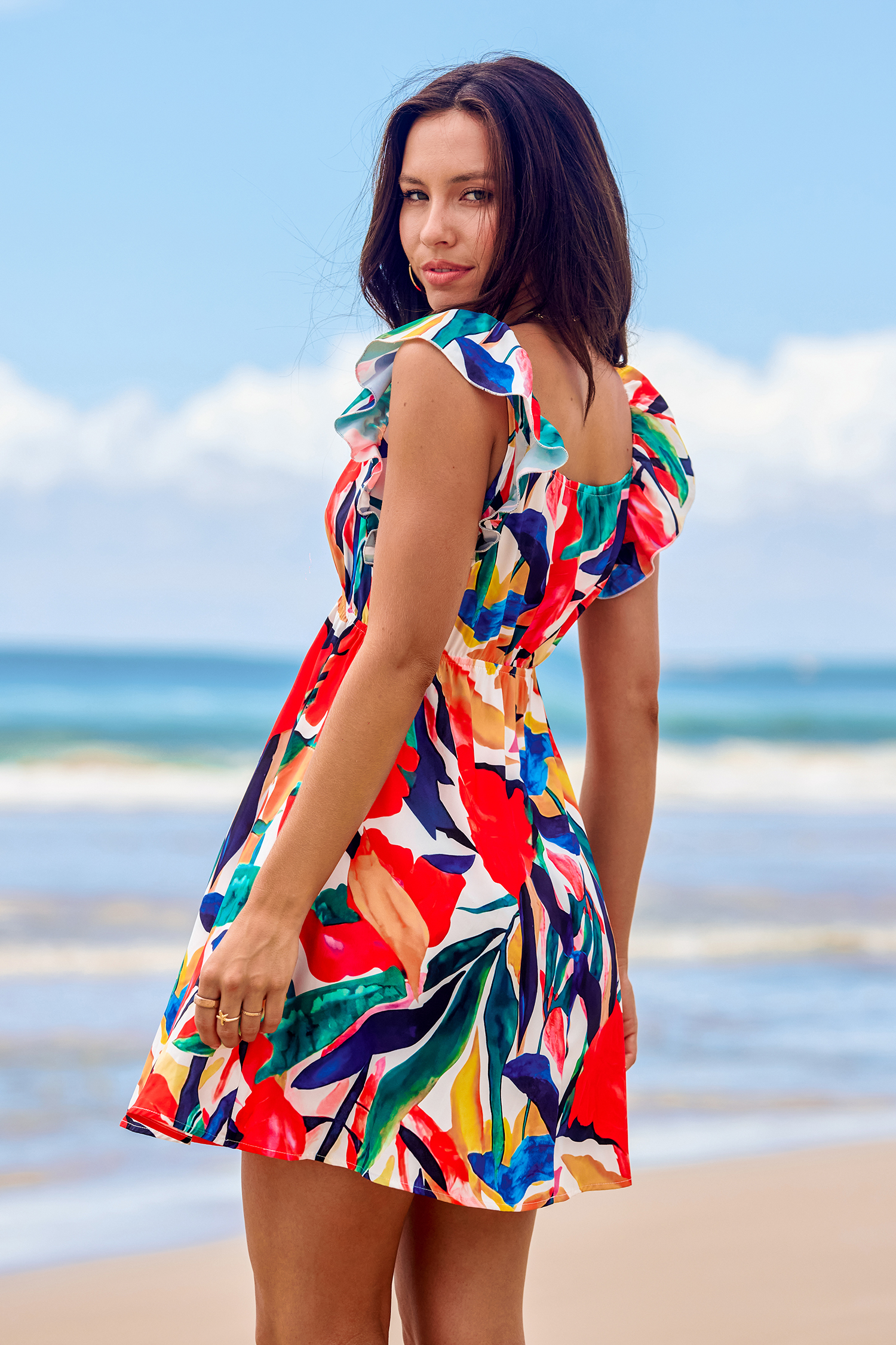 Robe mini avec col en V à volants et fleurs multicolore