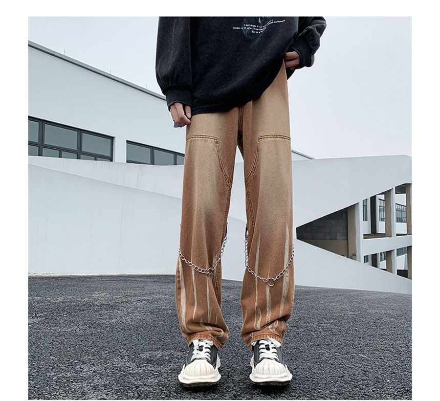 Hushgrain - Mid Rise Washed Chain Straight Leg Jeans