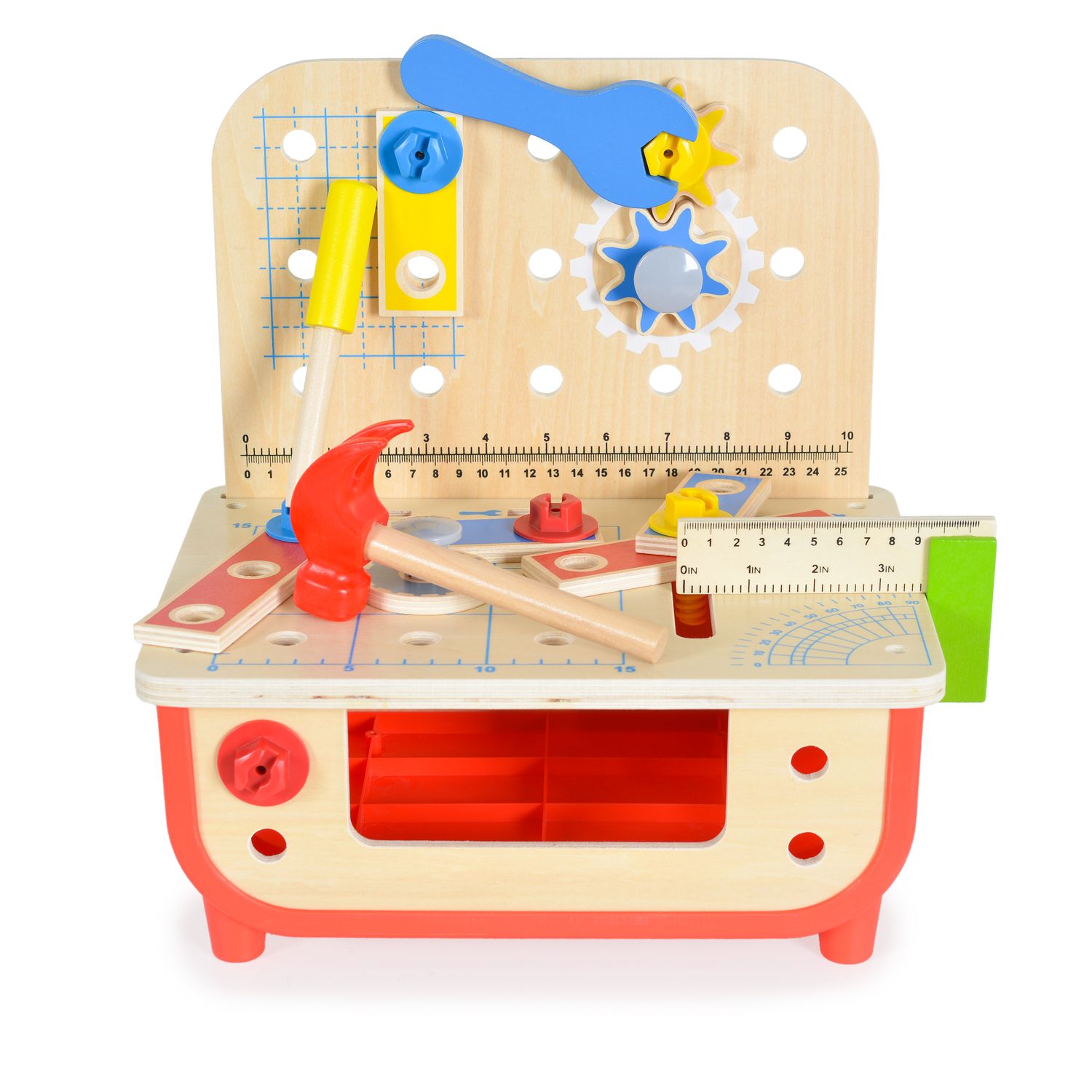 Tooky Toy Kinder Holz Werkbank TF797 Kinderwerkzeug, Hammer, 31 Teile, Schrauben rot