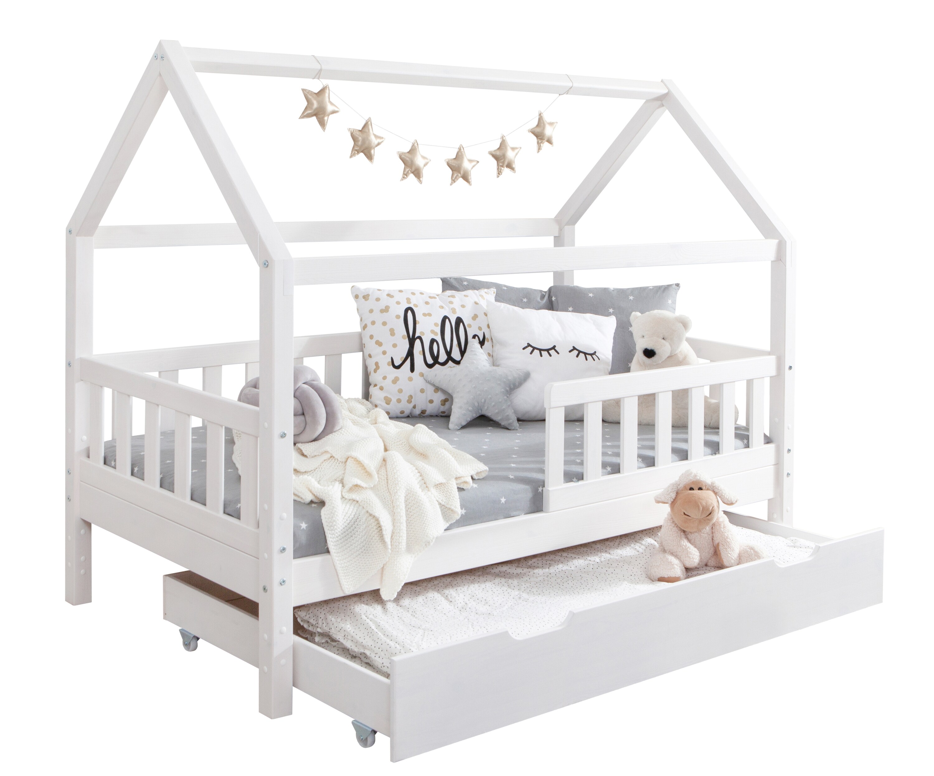 TiCAA Kinderbett Hausbett Montessori Kay 90x200, 100x200 cm, 120x200 cm, 140x200 für Jungen & Mädchen mitSchubladen, Rausfallschutz & Rolllattenrost - aus Kiefer Massivholz für Kinderzimmer