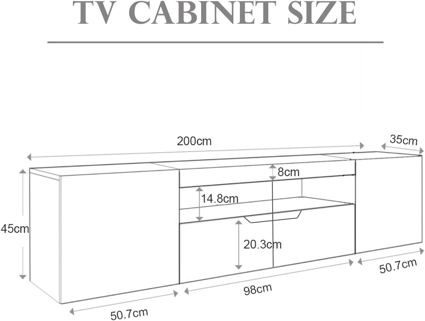Hochglanz TV Schrank 200 cm mit 16 LED Farben – Modernes TV Lowboard für 65–85 Zoll Fernseher, TV Möbel mit 2 Schubladen & Schränken, Griffloses TV Board für Wohnzimmer (Weiß)