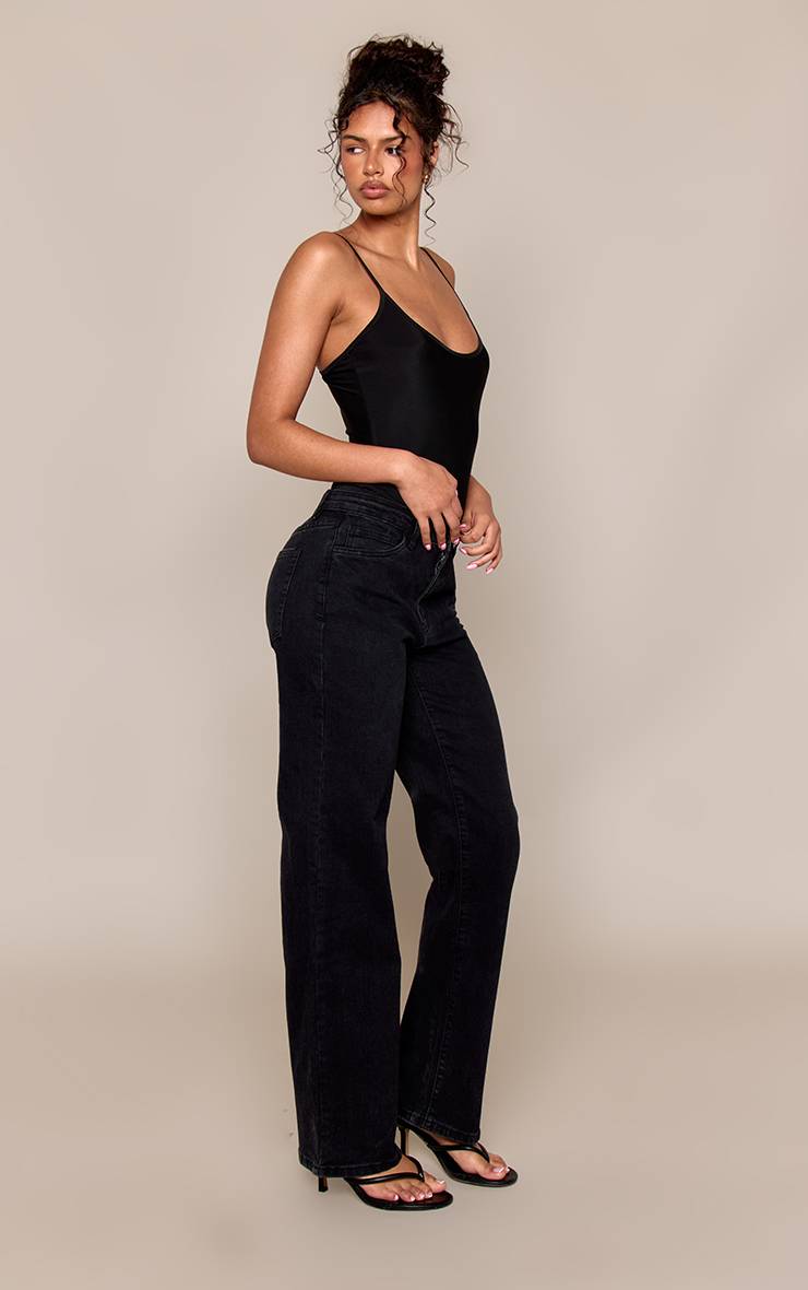 Noir Délavé Jean Droit Taille Mi-haute Confort Stretch Vintage