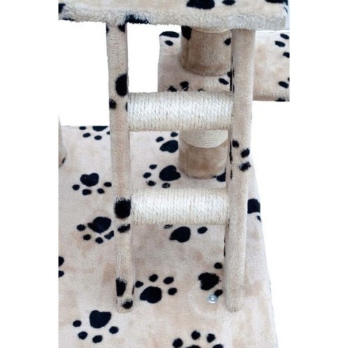 Poste arranhador de pelúcia para gatos, bege, com estampa de patas.