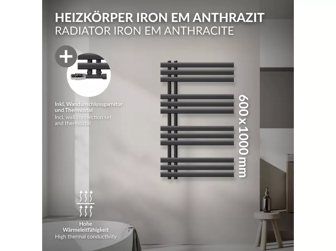 Radiateur de Salle de Bain Iron EM 600x1000 mm Anthracite Raccord Central au Bas