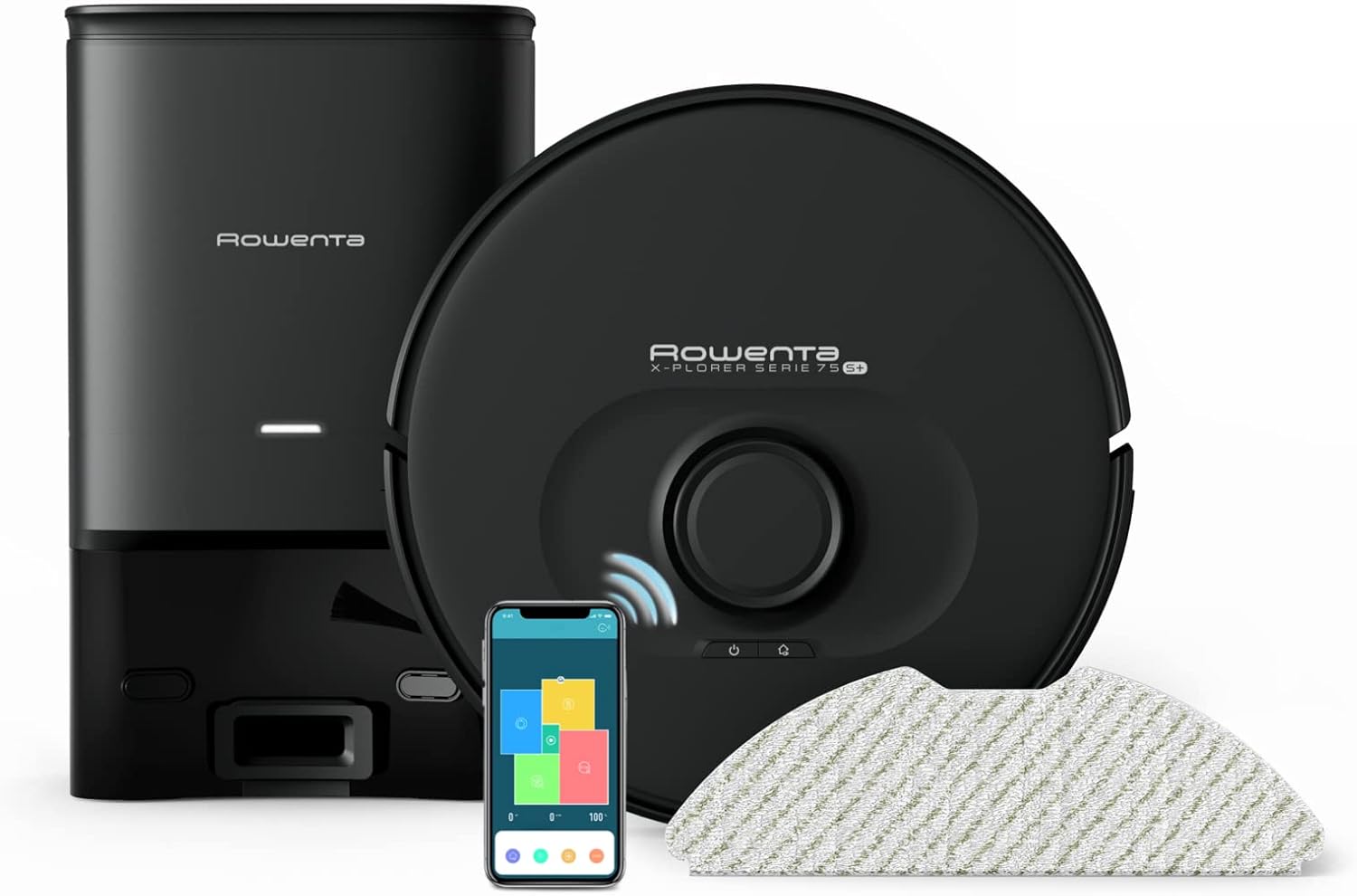 Rowenta X-Plorer Serie 75+, 4-in-1 Saugroboter mit Wischfunktion, Absaugstation, Laser-Navigationssystem, 3 Reinigungsmodi, 120 Min. Laufzeit, 4 Std. Ladezeit, 0,26 L Staubbehälter, schwarz, RR8585