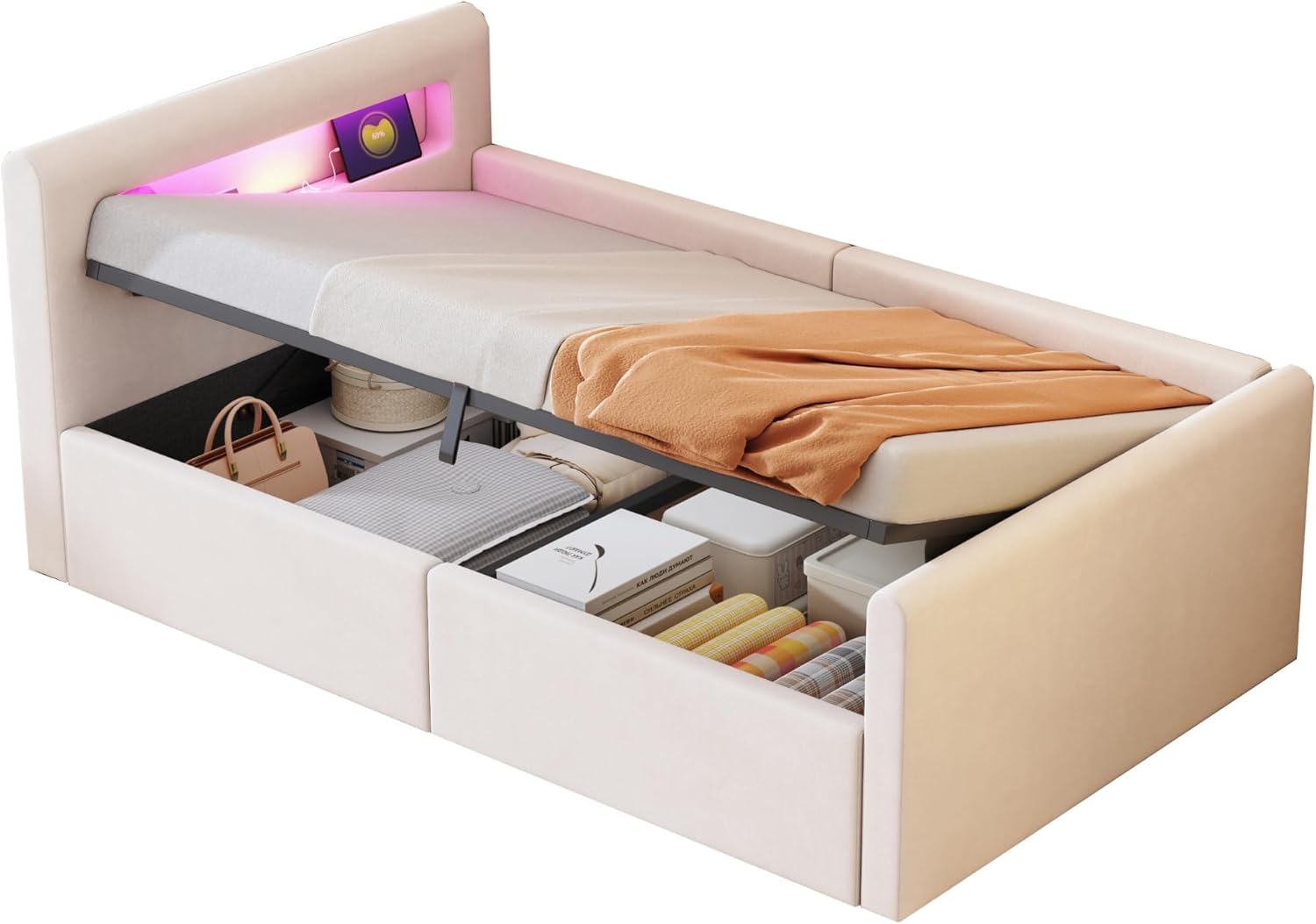 okwish Polsterbett Kinderbett 90x200 cm, Jugendbett mit hydraulischem Stauraum, LED Nachtlicht & USB-Anschluss, Samtstoff, Beige, ohne Matratze