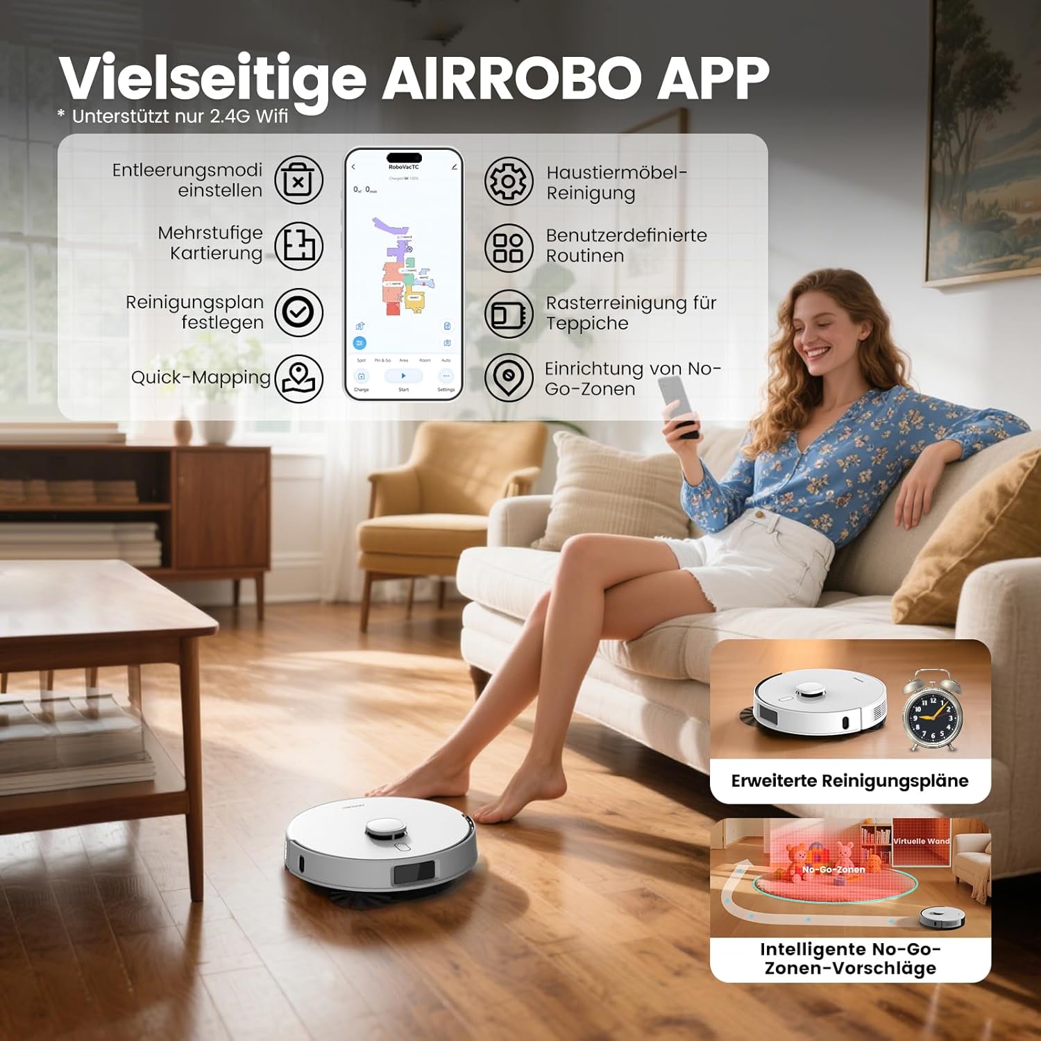 AIRROBO Saugroboter mit Wischfunktion, Staubsauger Roboter mit Absaugstation 3.5L, 12000Pa Saugkraft, Reaktive 3D Hindernisvermeidung, 240Min Laufzeit, T30 Roboterstaubsauger für Tierhaare und Teppich