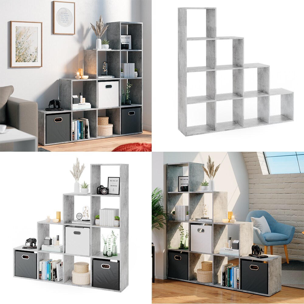 VICCO Treppenregal 10 Fächer Grau Beton - Raumteiler Stufenregal Bücherregal