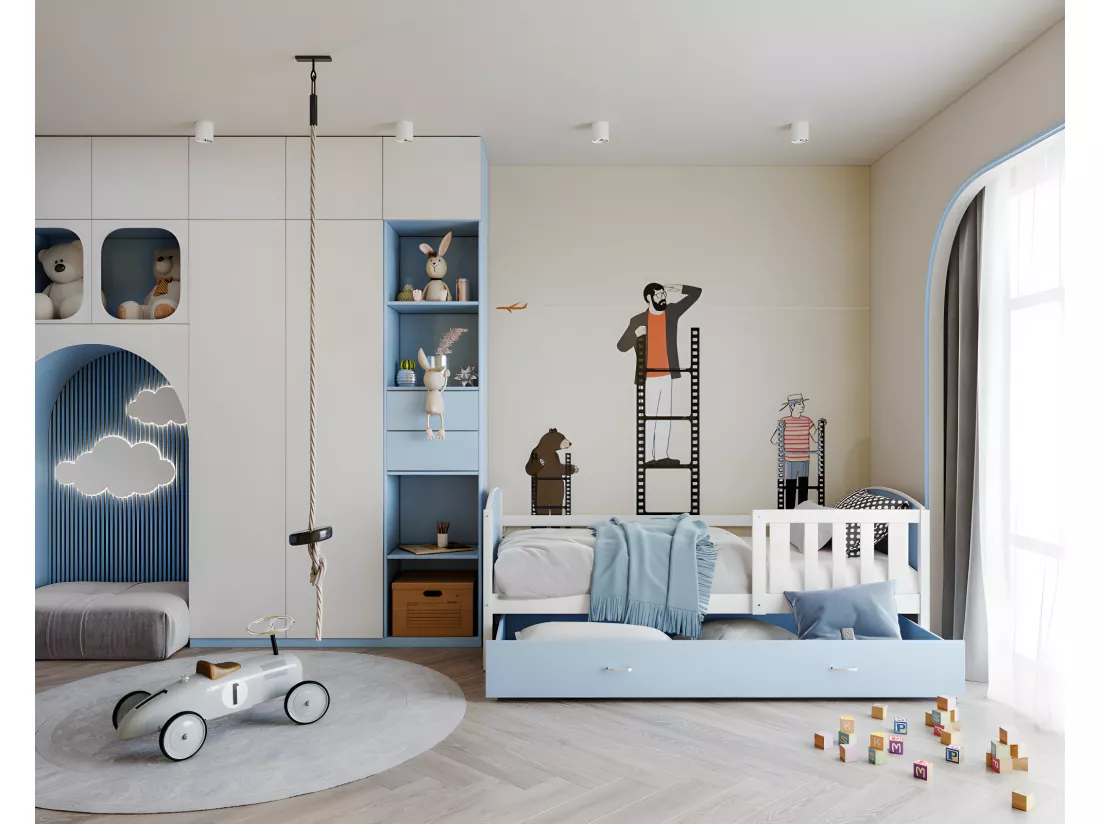 Lit Enfant Tami 90x190 ( Sans Matelas ) Blanc - bleu Livré avec le sommiers et tiroir.