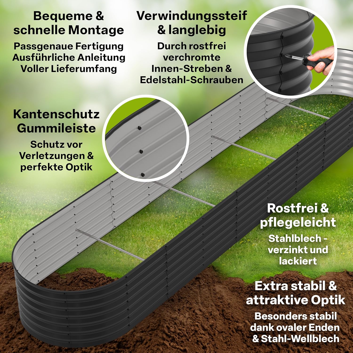TTL GARDEN 400x80x45cm Elegance XXL Metall Hochbeet Anthrazit - Stahl rostfrei verzinkt & grau lackiert Wellblech ovale Form sehr stabil Garten Beet für Gemüse Kräuter Blumen Gartenbeet Gemüsebeet