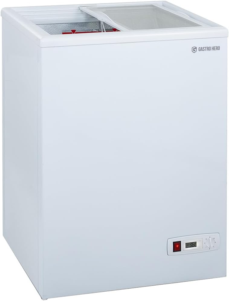 Gefriertruhe ECO 100 I Tiefkühltruhe klein 97L I Kühltruhe abschließbar I Gefriergerät mit Glasschiebedeckel I -18°C bis -22°C