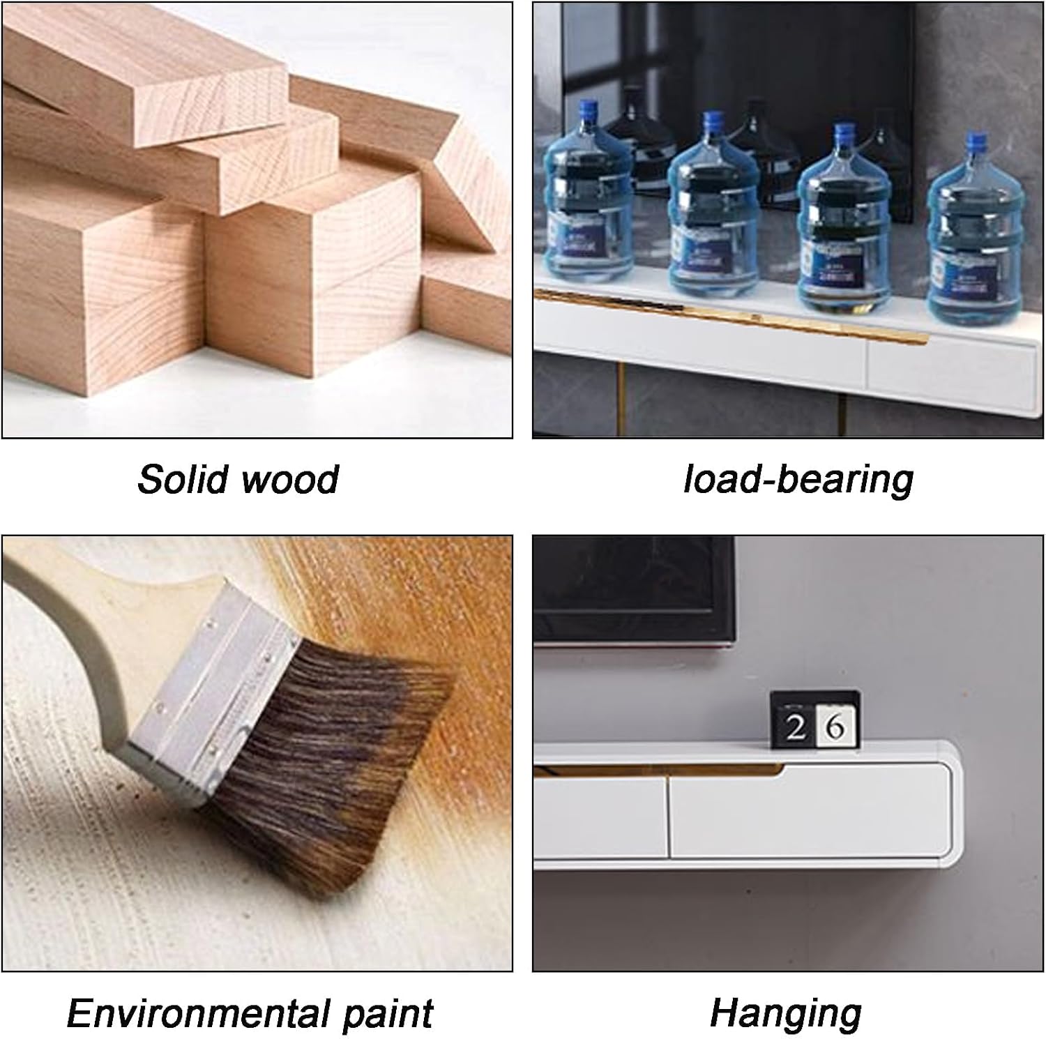 Massivholz TV Lowboard Hängend, TV Schrank hängend mit 2 Schubladen TV Board hängend Hängeschrank Wandregal komplett montiert (schwarz, 180cm)