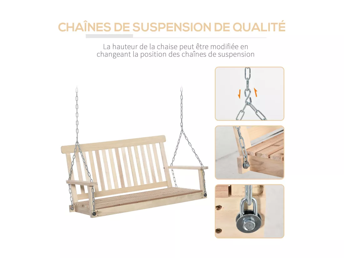Banc suspendu 2 places en bois - dossier assise à lattes - max. 200Kg - chaînes réglables acier galvanisé