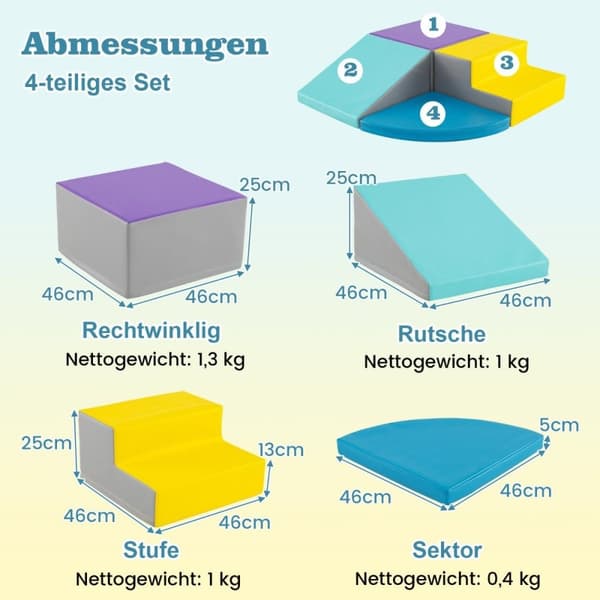 4 STK. Byggeklosser av skum for å løpe rundt og klatre, gigantiske byggeklosser, blå + lilla
