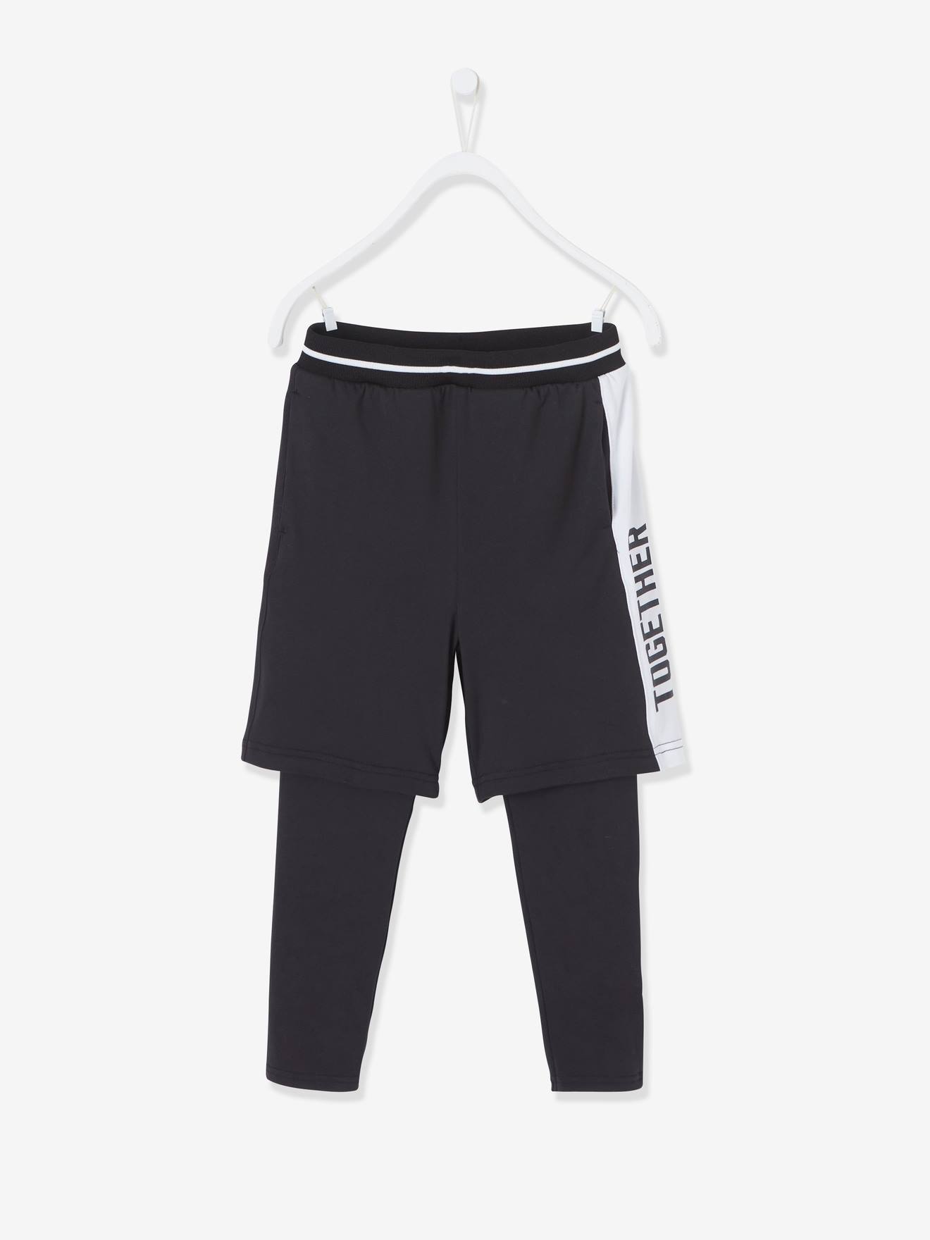 Calças bermuda esportivas 2 em 1 para meninos, pretas lisas com estampas.