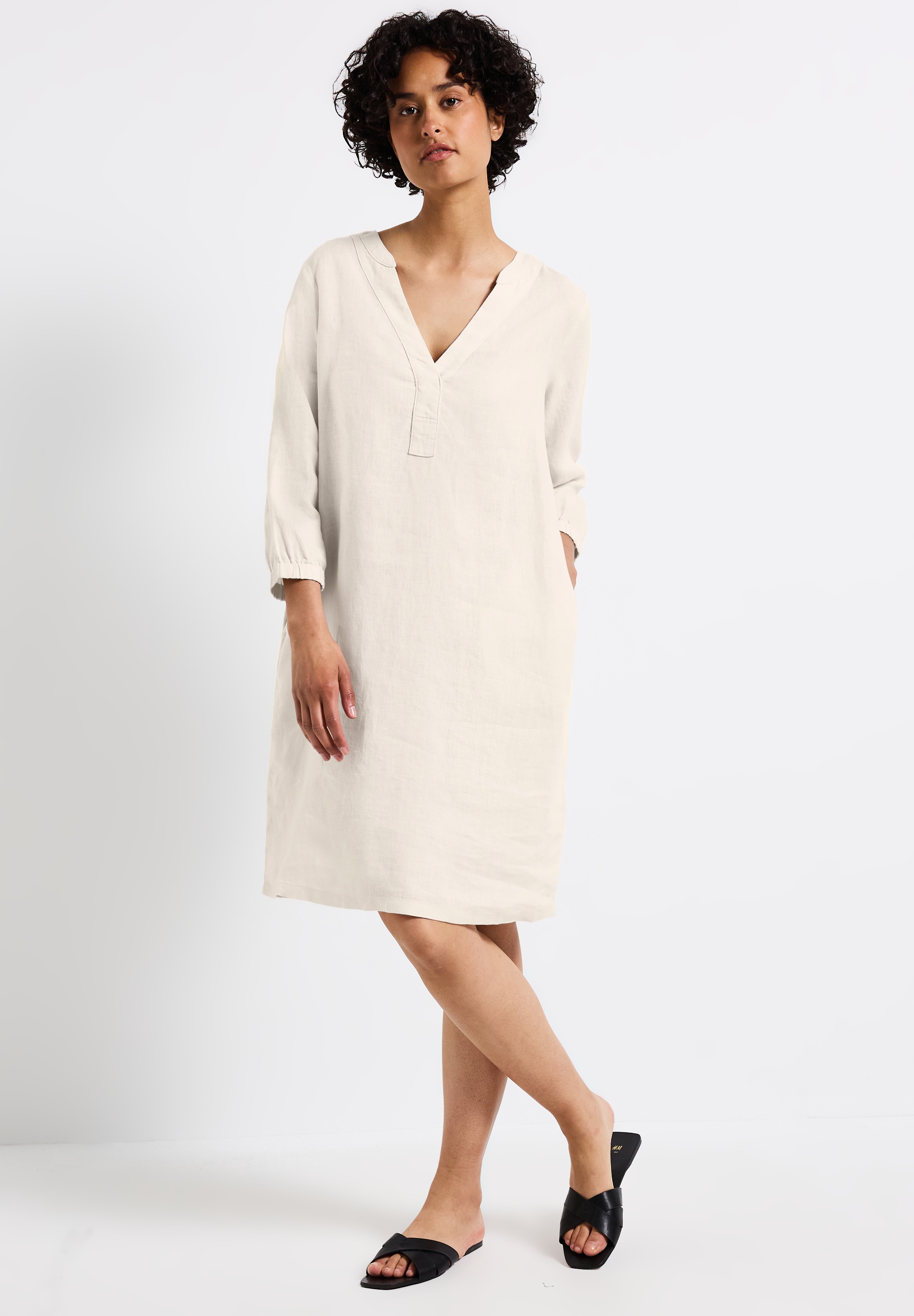 STREET ONE Midikleid Ohne Taschen 3/4-Arm aus Leinen