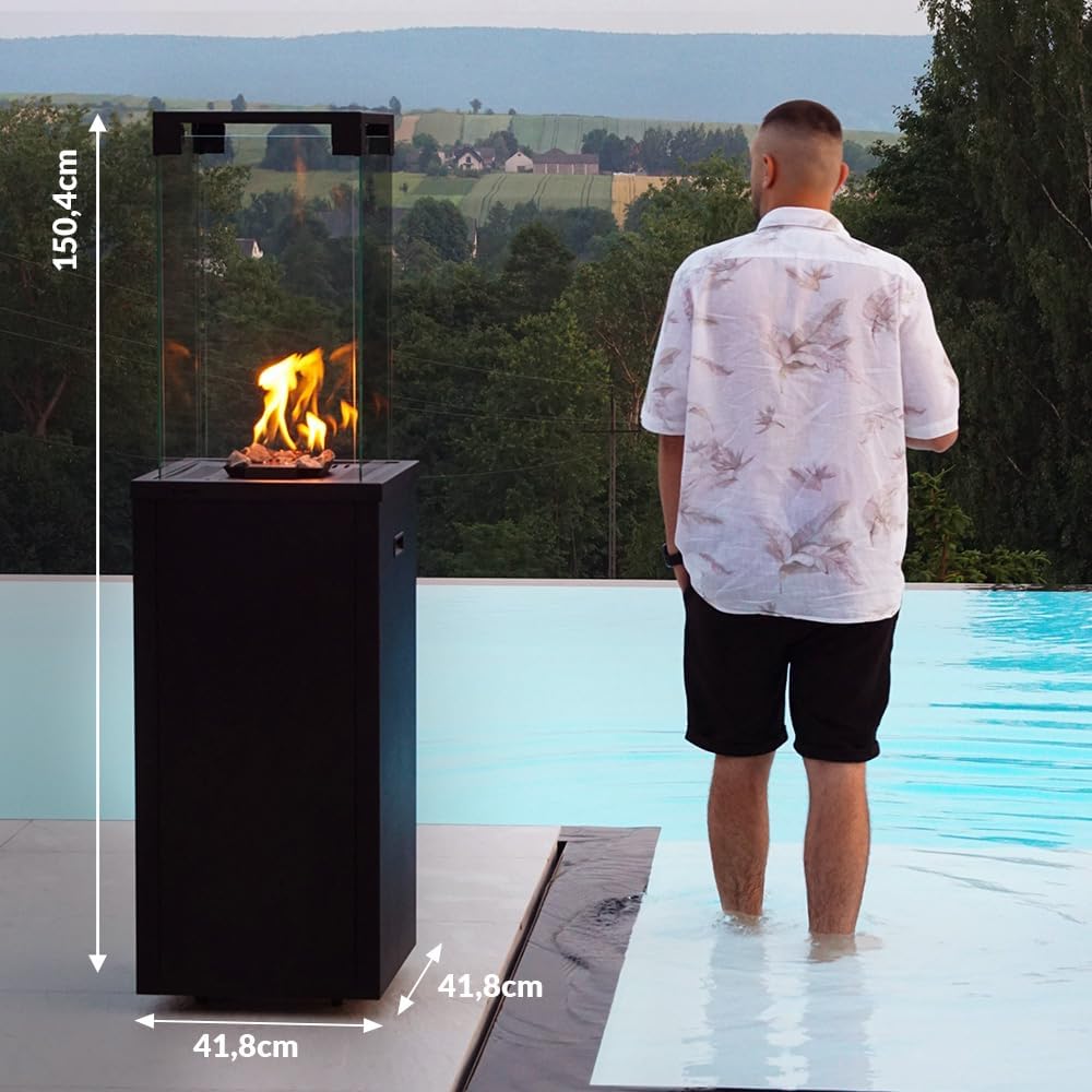 Kratki Patio Light Gas Terrassenheizer-Feuerstelle-Gaskamin-Aussenkamin -Terrassenkamin-Balkon-Gartenkamin-Gas-Gartenheizer auf Rädern- 8,2kW G30/50mbar Schwarz