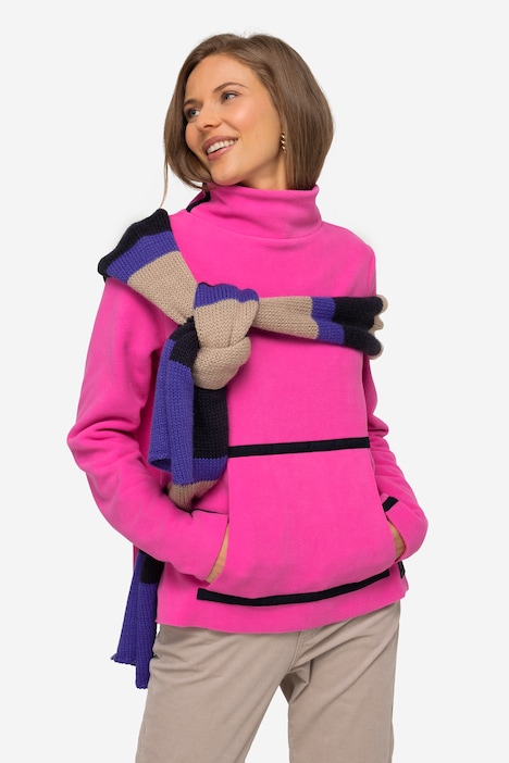 Fleece-Pullover, farbige Schmuckbänder, Stehkragen, Langarm