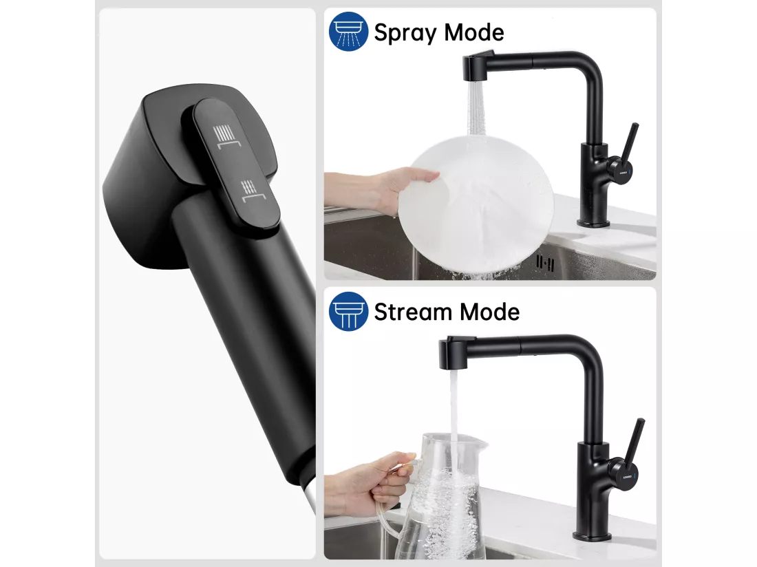 LonheoMax Robinet Cuisine Noir avec Douchette Extractible Mitigeur Cuisine Rotatif 360 ° Robinet Évier 2 Fonctions avec Barboteur Démotable,EUModèle