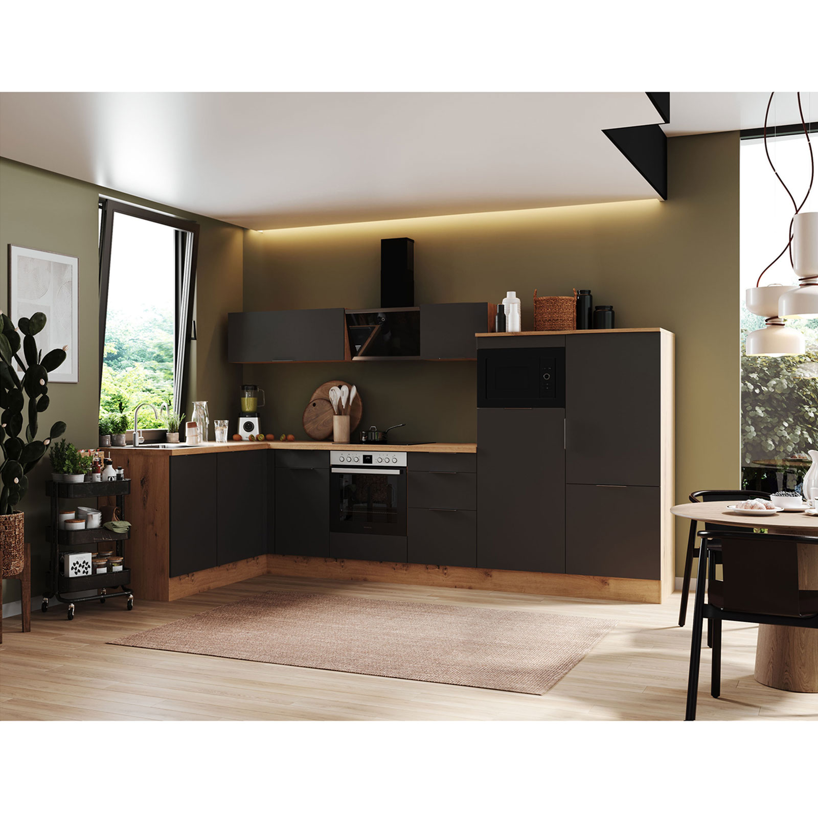 RESPEKTA Winkelküche - grau matt - Artisan Eiche - mit E-Geräten - 340x175 cm