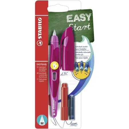 Ergonomischer Schulfüller für Linkshänder mit Standard-Feder M - STABILO EASYbirdy in beere/pink - Einzelstift - inklusive Patrone und Einstellwerkzeug - Schreibfarbe blau (löschbar)