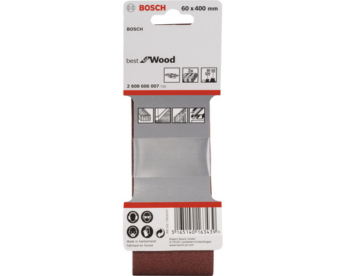 Schuurband voor Bosch bandschuurmachines, 60x400 mm, korrel 60/80/100, ongeperforeerd, 3 stuks