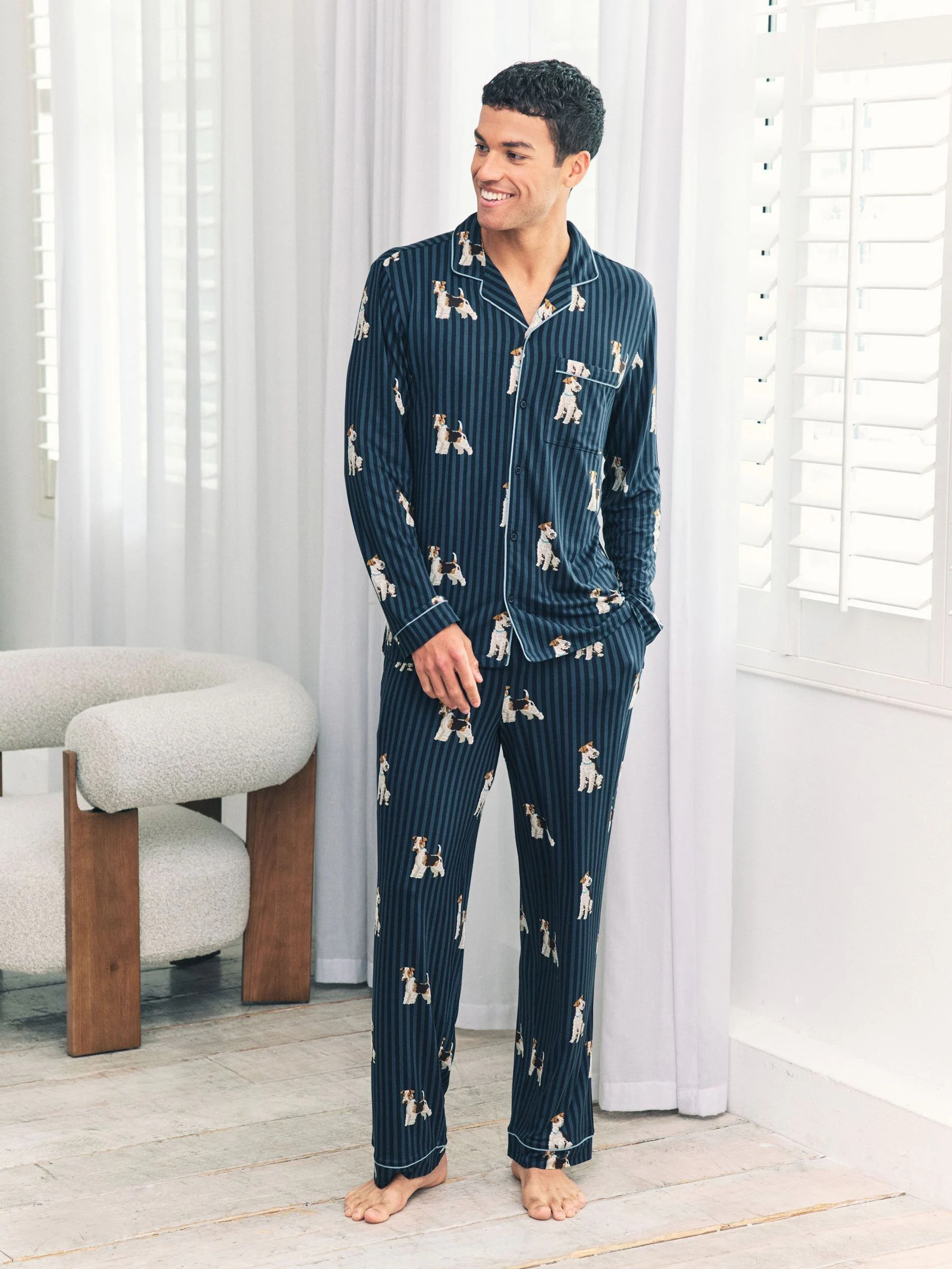 Chelsea Peers Terrier Dog Stripe Print Long Pyjamas Set