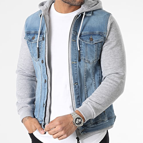Veste Jean Capuche Bleu Denim Gris Chiné